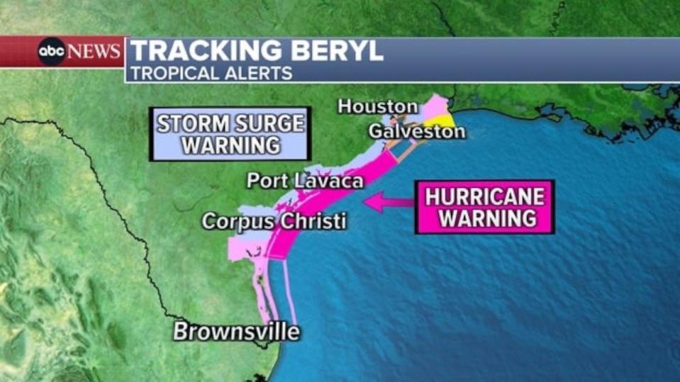 PHOTO: An ABC News graphic shows the forecast for Beryl, the tropical storm expected to make landfall in Texas on Monday, July 8, 2024.  (ABC News)