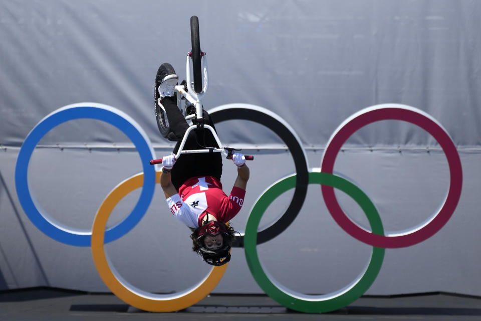 Nikita Ducarroz of Switzerland competes in the women's BMX freestyle final at the 2020 Summer Olympics, Sunday, Aug. 1, 2021, in Tokyo, Japan. (AP Photo/Ben Curtis)