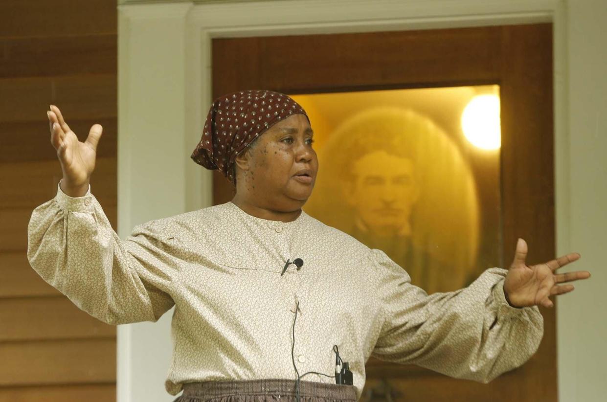 Reva Golden portrays Harriet Tubman during a Juneteenth celebration in 2021 at the John Brown House.