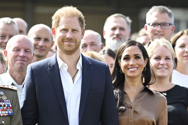 <p>Sascha Schuermann/Getty Images for the Invictus Games Foundation</p> Prince Harry and Meghan Markle at a meeting with NATO representatives at the 2023 Invictus Games in Düsseldorf, Germany