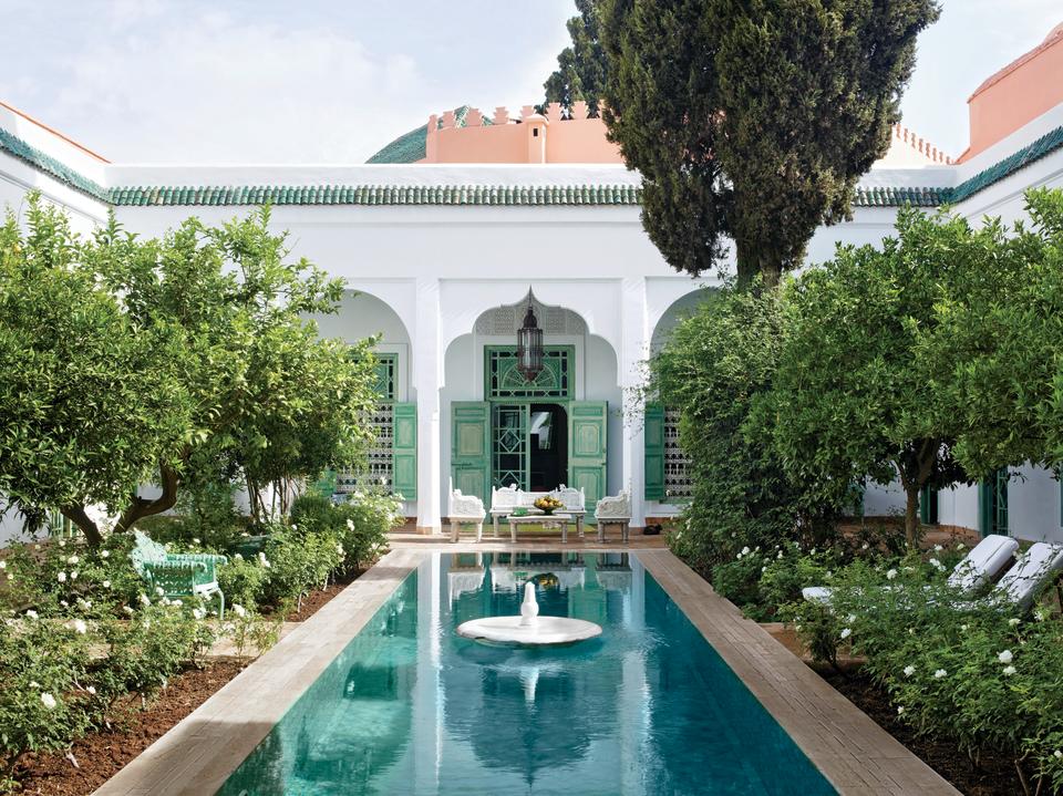 The central courtyard’s tiled pool was deepened for swimming at an 18th-century Marrakech holiday home.