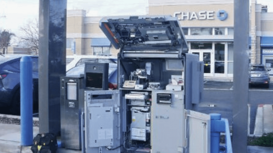 An opened ATM machine is seen in an image provided by the Huntington Beach Police Department.