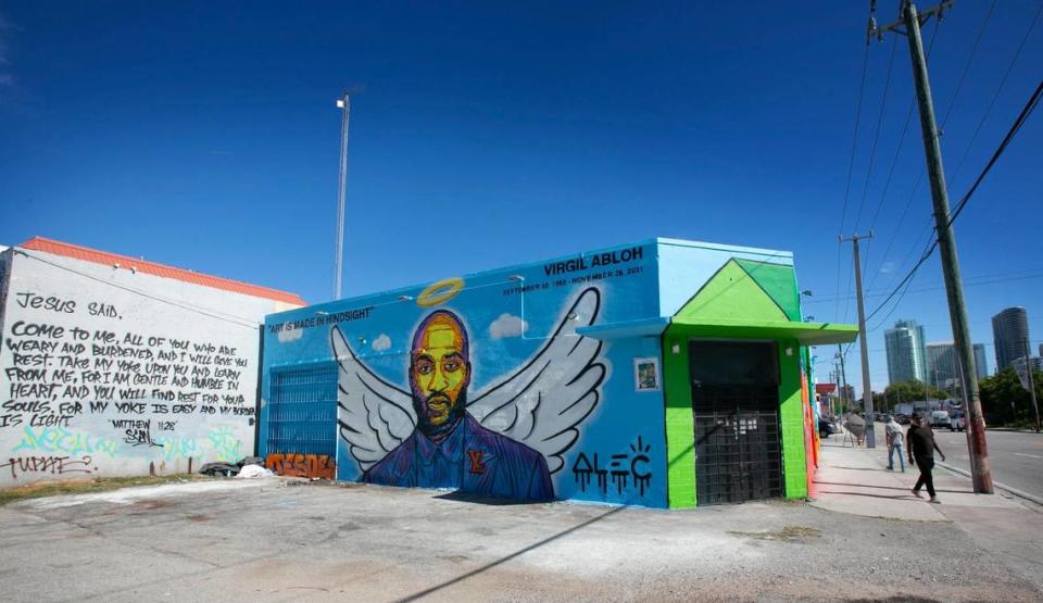 A memorial mural in honor of Virgil Abloh, the artistic director of Louis Vuitton men’s wear as well as the founder of his own brand, Off-White can be seen on a building in Wynwood along NW 20th St. Abloh died Sunday November 28, 2021 at the age of 41.