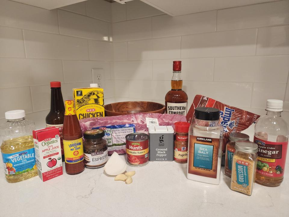 ingredients for rachael ray's ribs recipe on a kitchen counter