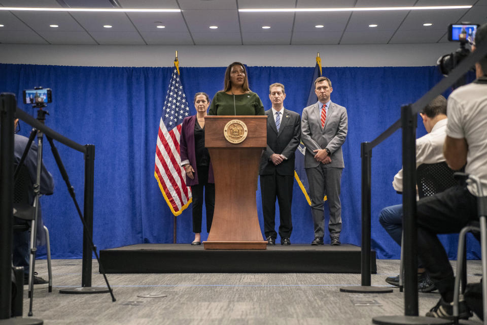 New York Attorney General Letitia James speaks during a press conference, Wednesday, Sept. 21, 2022, in New York. New York’s attorney general sued former President Donald Trump and his company on Wednesday, alleging business fraud involving some of their most prized assets, including properties in Manhattan, Chicago and Washington, D.C. (AP Photo/Brittainy Newman)