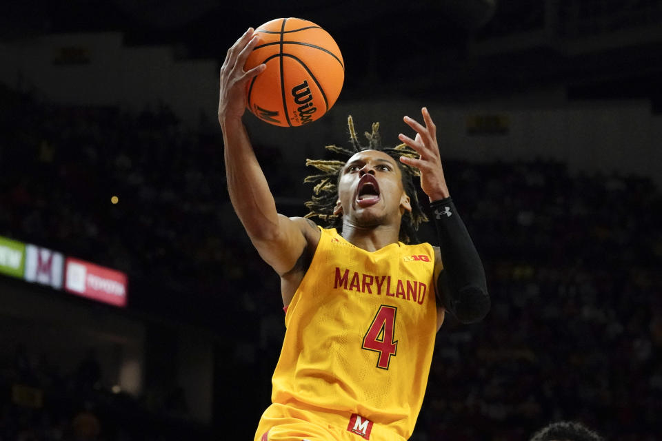 Maryland guard Fatts Russell goes up for a basket against Virginia Tech during the second half of an NCAA college basketball game, Wednesday, Dec. 1, 2021, in College Park, Md. Virginia Tech won 62-58. (AP Photo/Julio Cortez)