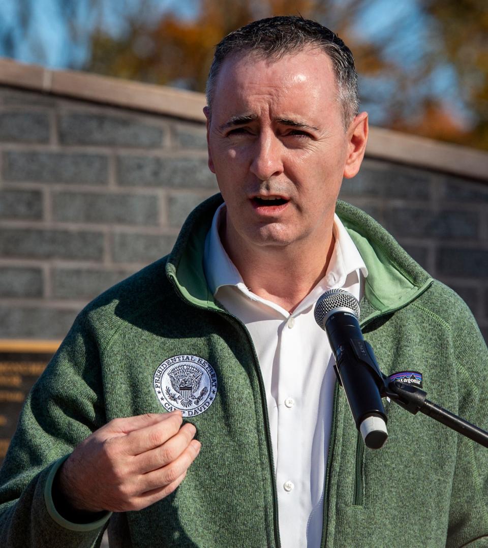 U.S. Congressman Brian Fitzpatrick speaks during the 14th annual Lower Makefield Township Veterans Commemorative Ceremony, held at Veterans Square Park, on Saturday, Nov. 7, 2020.