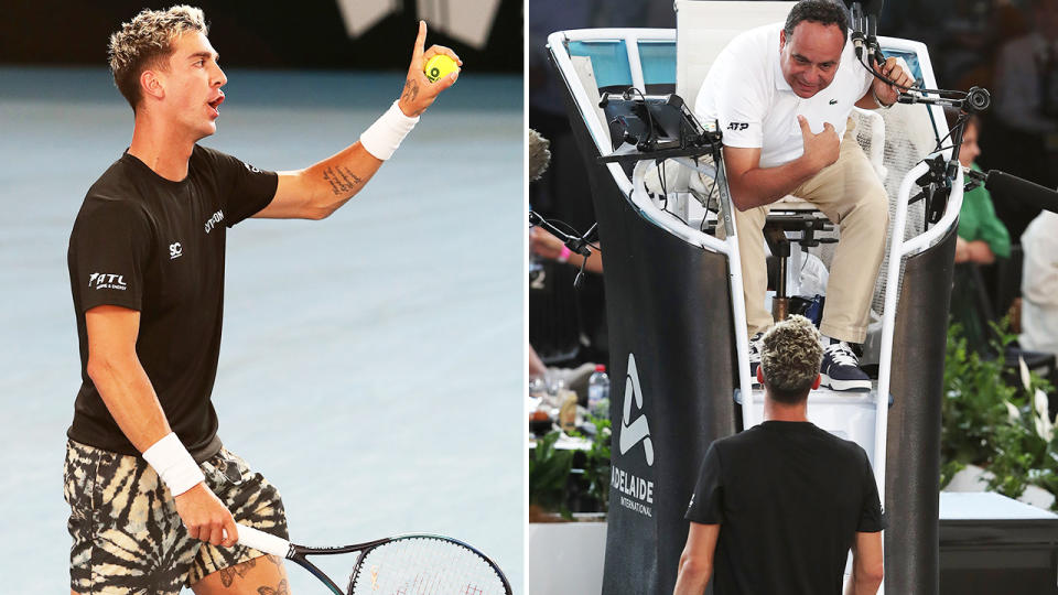 Thanasi Kokkinakis, pictured here blowing up at the chair umpire in Adelaide.