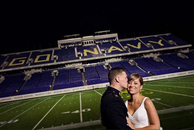 Tyler and Cassi Tidwell married on Oct. 29, 2011, at Navy-Marine Corps Memorial Stadium, where he was a star linebacker for the Navy football team. The stadium had never before hosted a full wedding.