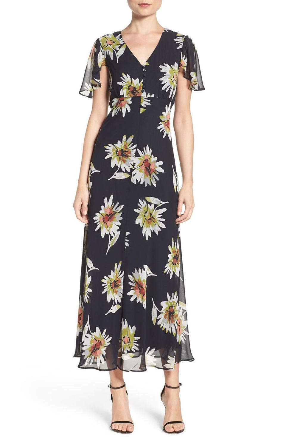 <p>Accompanying Prince Harry to <span>his pal's wedding in Jamaica</span>, Markle wore a long floral dress with ruffled sleeves, similar to this style. Taylor Dresses Chiffon Maxi Dress, $128; <span>amazon.com</span> Yumi Kim Floral Maxi Dress, $288; <span>bloomingdales.com </span>Floral Wrap Maxi Dress, $29.90; <span>forever21.com</span></p>
