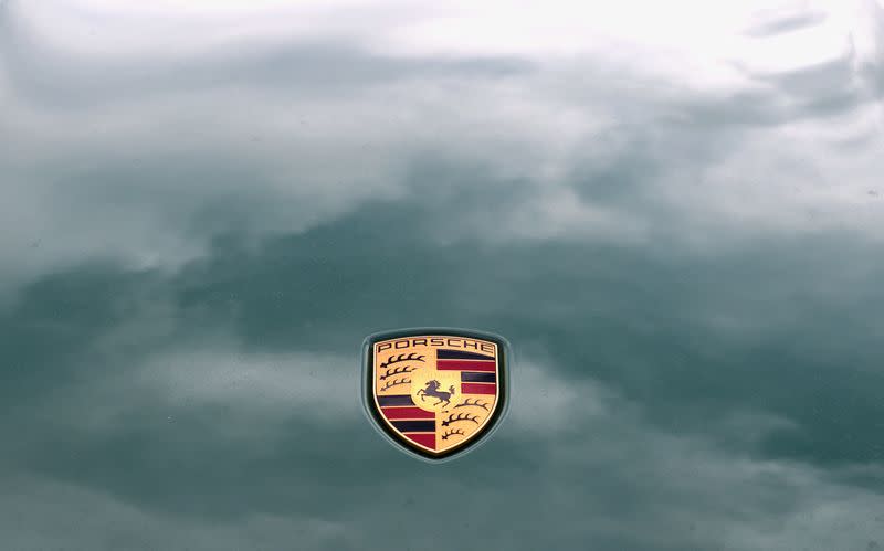 A logo of Porsche is seen on a car in Brussels