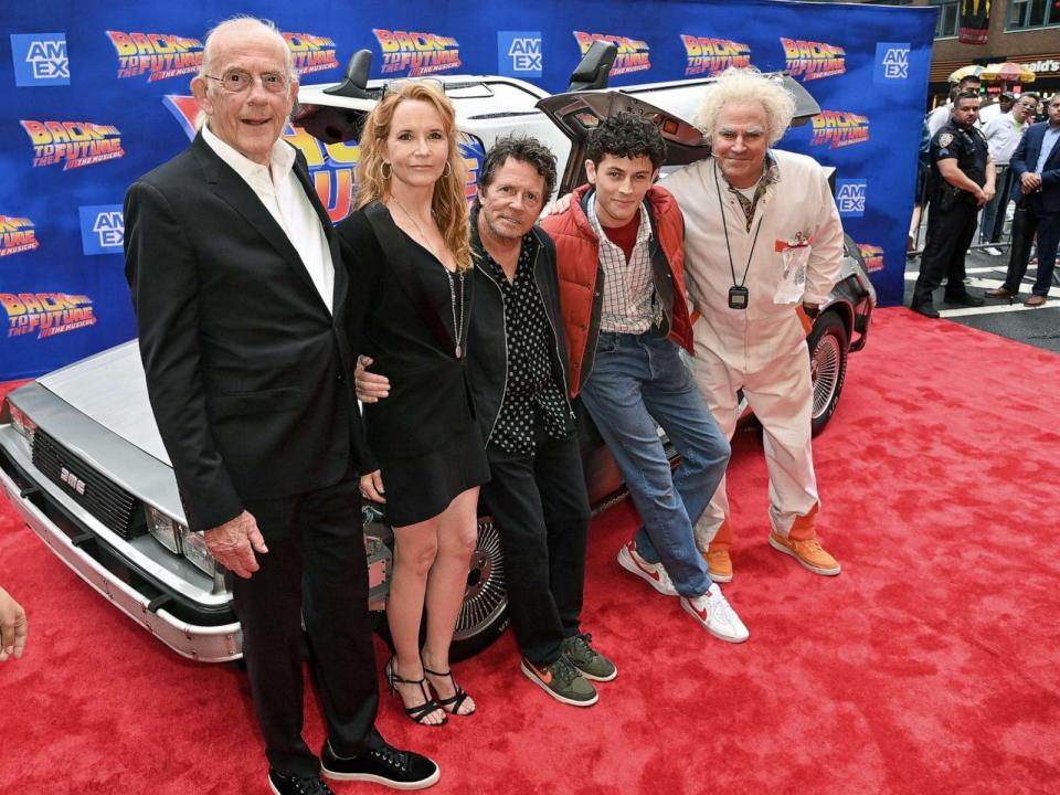 PHOTO: From left, actors Christopher Lloyd, Lea Thompson, Michael J. Fox, Casey Likes and Roger Bart at the gala performance of 'Back to the Future: The Musical' held at Winter Garden Theatre, July 25, 2023 in New York City. (Variety via Getty Images)
