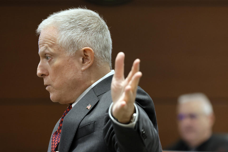 Assistant State Attorney Steven Klinger gives his opening statement statements in the case of former Marjory Stoneman Douglas High School School Resource Officer Scot Peterson at the Broward County Courthouse in Fort Lauderdale on Wednesday, June 7, 2023. (Amy Beth Bennett/South Florida Sun-Sentinel via AP, Pool)