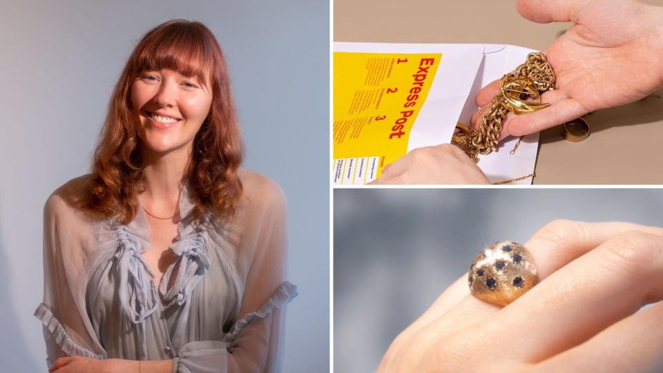 Pictured: Molten Store managing director Jessy Cameron, someone putting unwanted gold necklaces in delivery bag, beautiful gold and sapphire ring. Sustainable  jewellery concept. Images: Molten Store