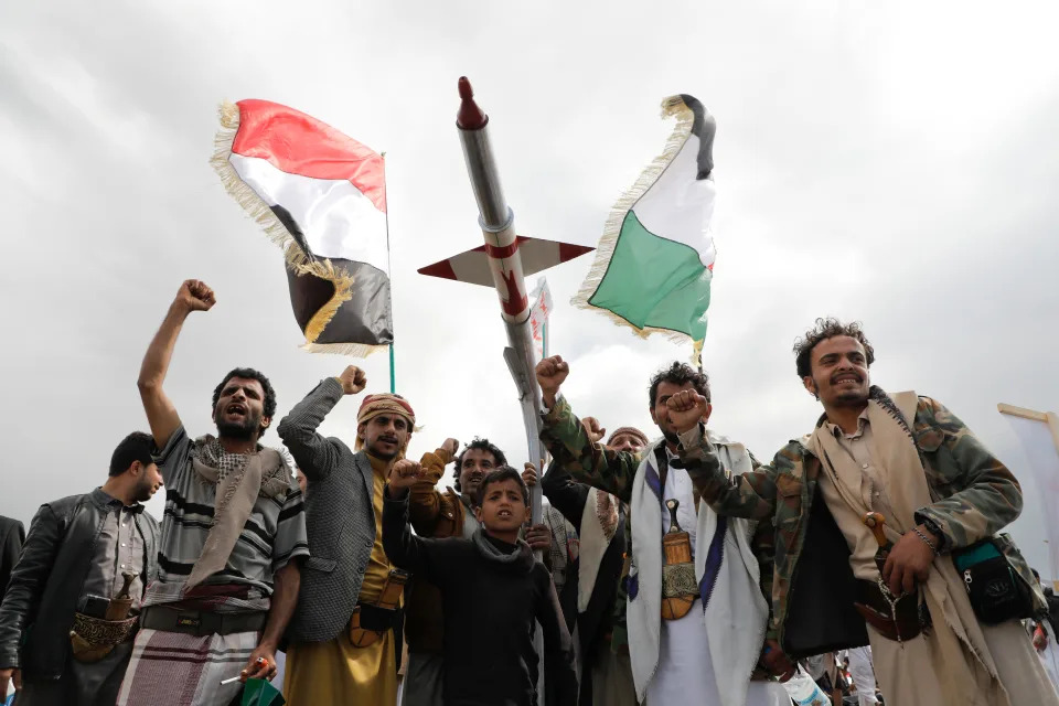 Houthi supporters attend a rally against the US airstrikes on Yemen and the Israeli offensive in Gaza Strip, in Sanaa, Yemen on March 8, 2024.