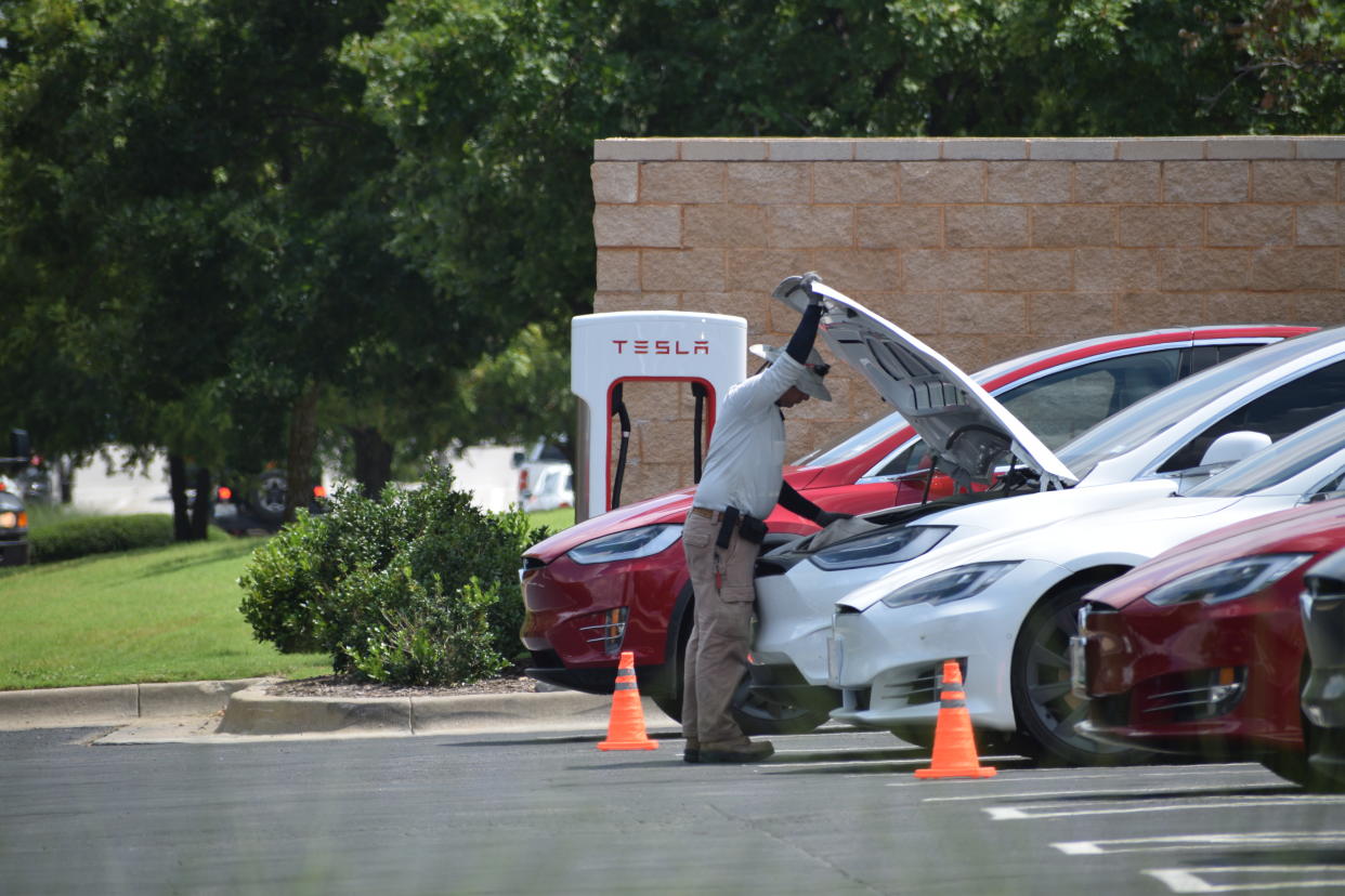 Tesla vehicles being charged at a Tesla charging station in Southlake Texas - July 2021. (Photo by: HUM Images/Universal Images Group via Getty Images)