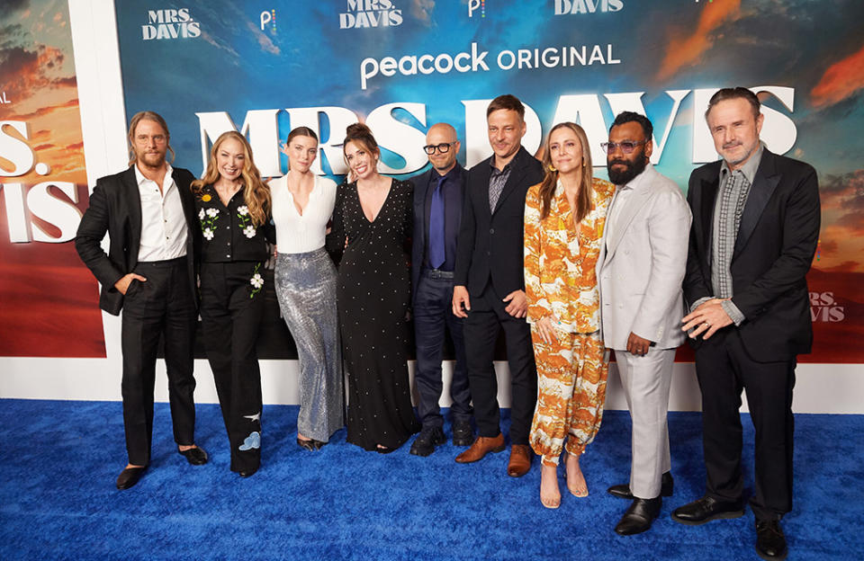 (L-R) Jake McDorman, Elizabeth Marvel, Betty Gilpin, Tara Hernandez, Showrunner, Executive Producer; Damon Lindelof, Executive Producer; Tom Wlaschiha, Alethea Jones, Executive Producer; Andy McQueen, David Arquette attend Peacock's "Mrs. Davis" Los Angeles Premiere at DGA Theater Complex on April 13, 2023 in Los Angeles, California.