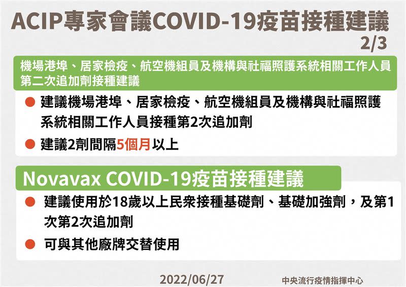 「機場港埠、居家檢疫、航空機組員及機構與社福照護系統相關工作人員」可接種第四劑。（圖／指揮中心提供）