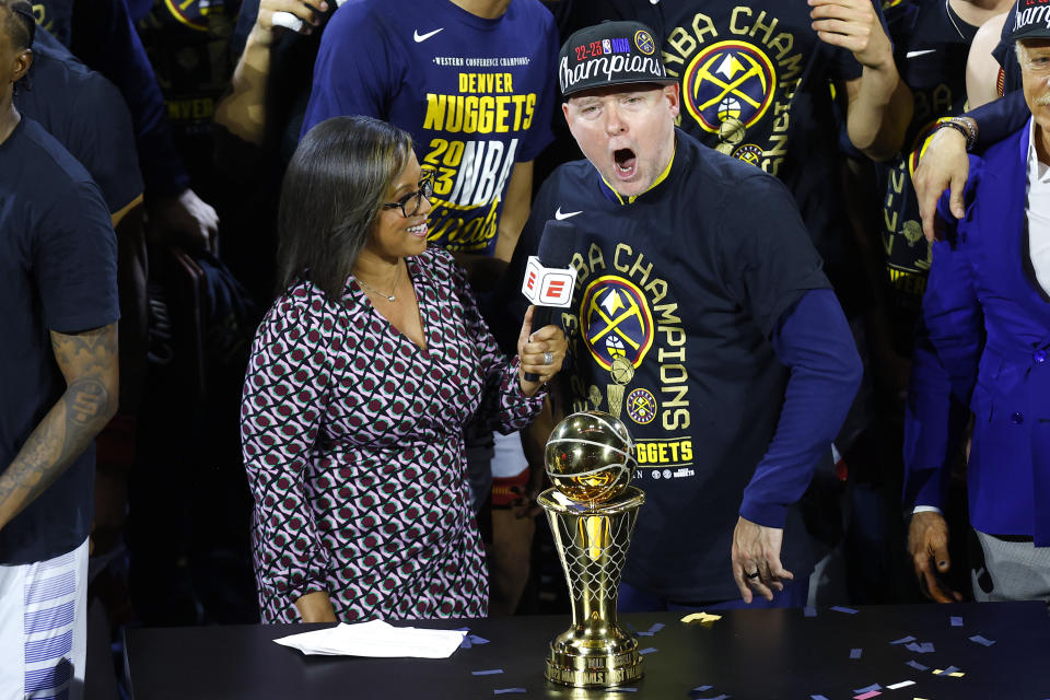 DENVER, COLORADO - JUNE 12: Head coach Michael Malone of the Denver Nuggets is interviewed after a 94-89 victory against the Miami Heat in Game Five of the 2023 NBA Finals to win the NBA Championship at Ball Arena on June 12, 2023 in Denver, Colorado. NOTE TO USER: User expressly acknowledges and agrees that, by downloading and or using this photograph, User is consenting to the terms and conditions of the Getty Images License Agreement. (Photo by Justin Edmonds/Getty Images)