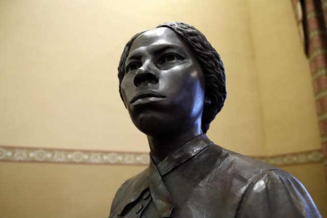 A bronze statue of abolitionist Harriet Tubman at the Maryland State House