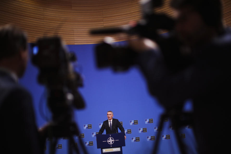 NATO Secretary General Jens Stoltenberg talks to journalists during a news conference at NATO headquarters in Brussels, Tuesday, Nov. 19, 2019. The presser is ahead of a meeting of NATO Foreign Ministers to focus on defense spending, terrorism, and continued tense ties with Russia. (AP Photo/Francisco Seco)