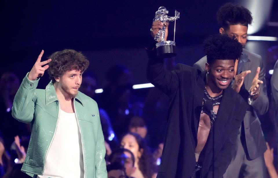 Jack Harlow (left) and Lil Nas X accept the award for best collaboration for "Industry Baby."