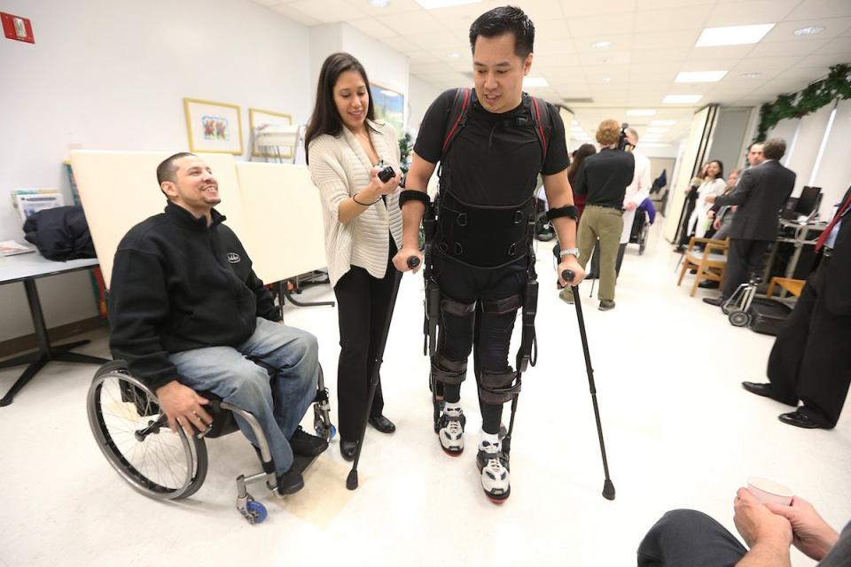 <p>A paraplegic walked with the help of a bionic exoskeleton at New York City's Mount Sinai Rehabilitation Center in December 2012.</p>