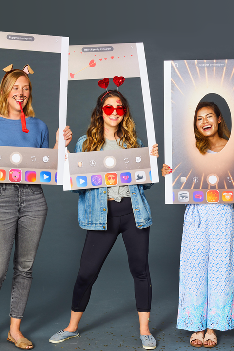 <p>If your S.O. is always the one behind the camera (or watching you toggle between filters for hours on end), then they'll get a kick out of this idea. Pull up your Instagram stories to select a filter — you can each have your own or share. Then take a screenshot, print it out and cut a hole in the middle to fit your face. Use makeup and accessories to recreate the filter's effects, whether it's heart sunglasses, dog ears or gold face makeup.</p>