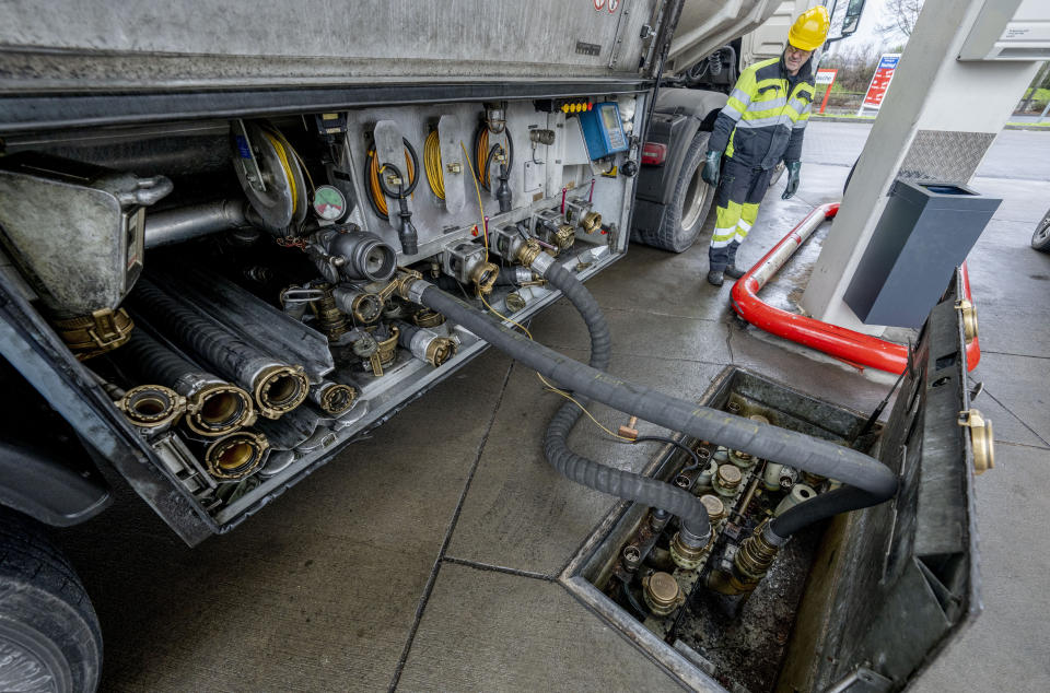 Diesel and other fuel is delivered to a gas station in Frankfurt, Germany, Friday, Jan. 27, 2023. A European ban on imports of diesel fuel and other products made from crude oil in Russian refineries takes effect Feb. 5. The goal is to stop feeding Russia's war chest, but it's not so simple. Diesel prices have already jumped since the war started on Feb. 24, and they could rise again. (AP Photo/Michael Probst)