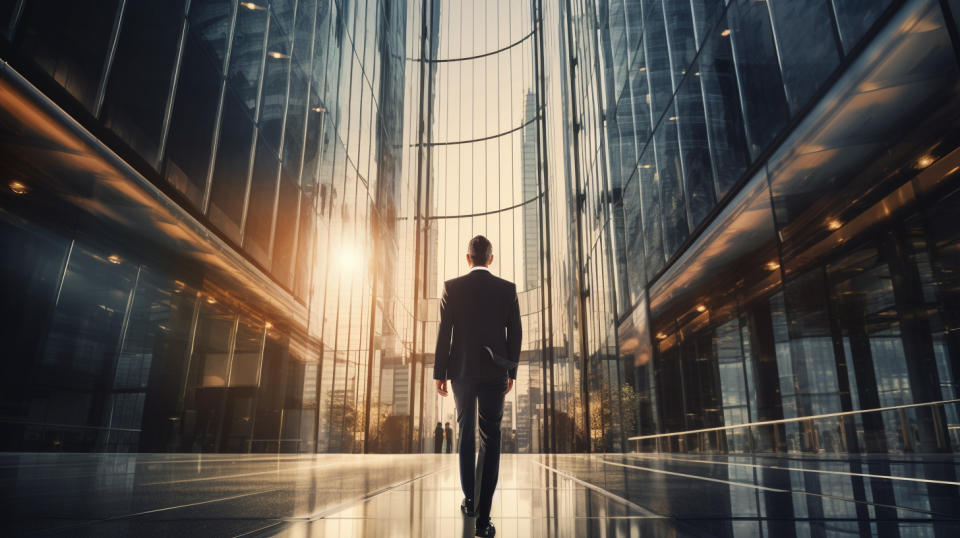 A business executive stepping out of a modern corporate building, a symbol of the company's financial success.