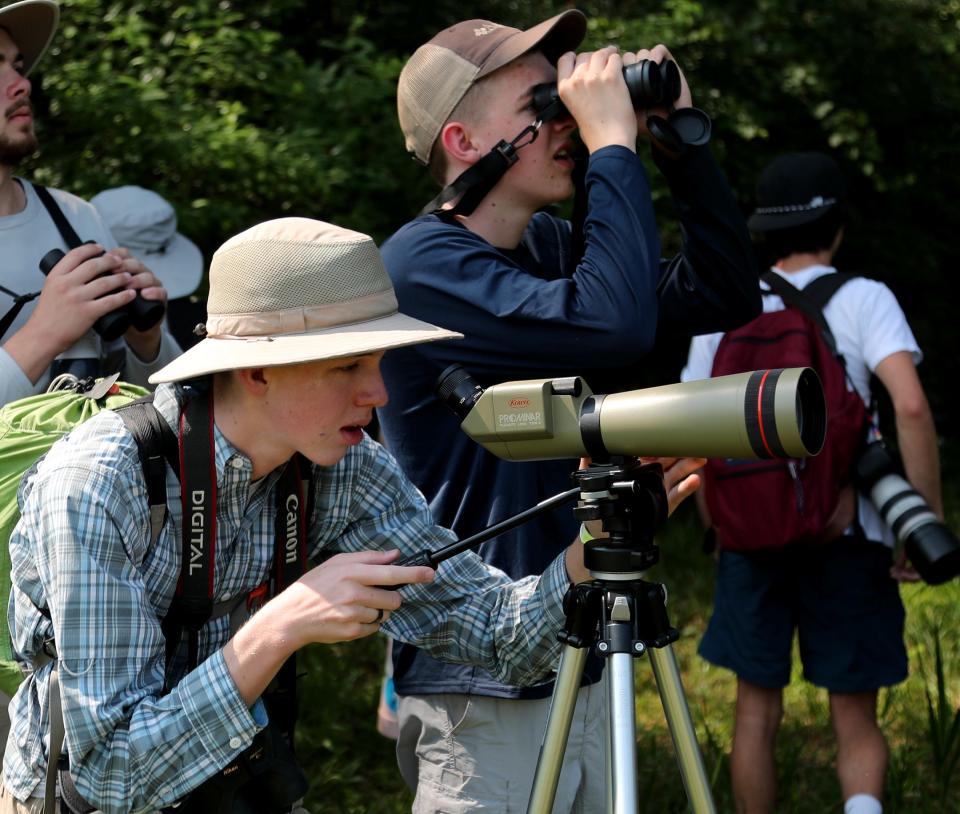 Henry Halgren uses a scope, while his brother Ellis uses binoculars to get a better look at nesting birds while visiting Harris Neck National Wildlife Refuge with Camp TALON on Tuesday, June 6, 2023.