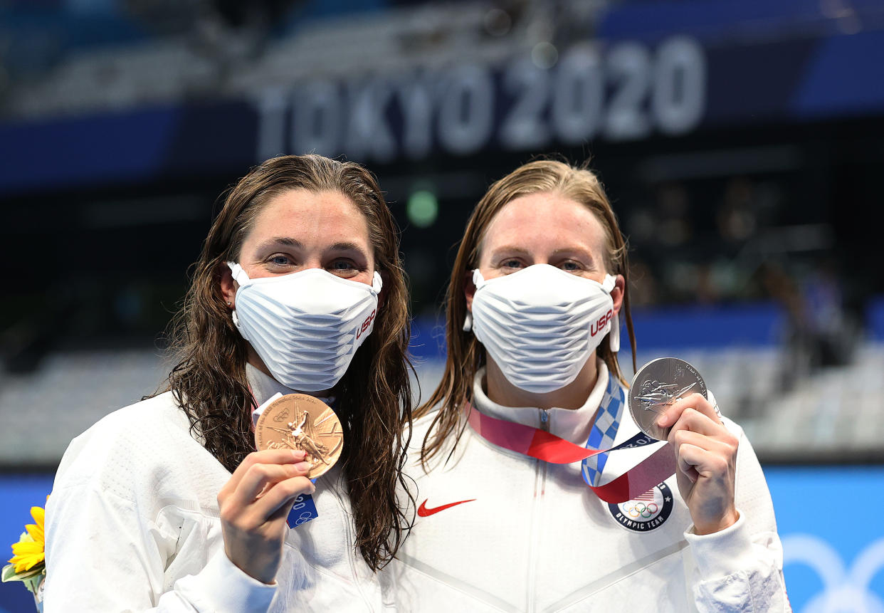 Annie Lazor (left) and Lilly King deserve to celebrate their Olympic bronze and silver medals, respectively, from the women's 200-meter breaststroke. (Photo by Ian MacNicol/Getty Images)