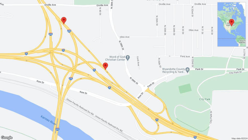 A detailed map that shows the affected road due to 'Kansas City: Road closed' on June 18th at 9:51 p.m.