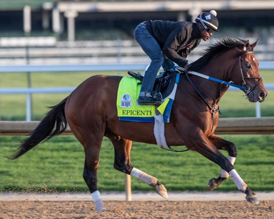 Kentucky Derby runner-up Epicenter, shown at Churchill Downs on April 27, will likely go off as the Preakness favorite.