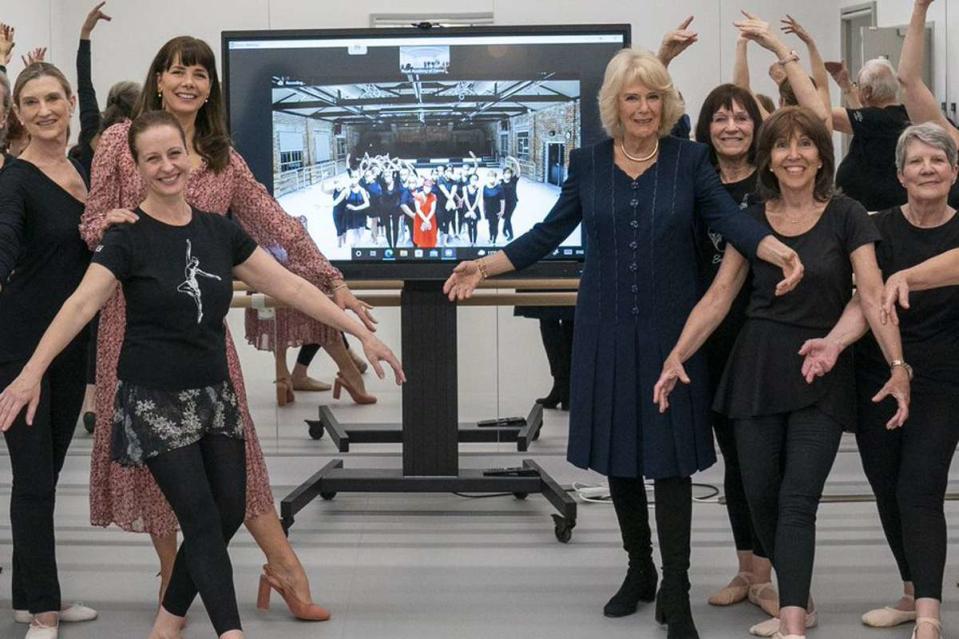 <p>RoyalFamily/X</p> Queen Camilla visited a Silver Swans dance group at the Royal Academy of Dance in London in March 2022