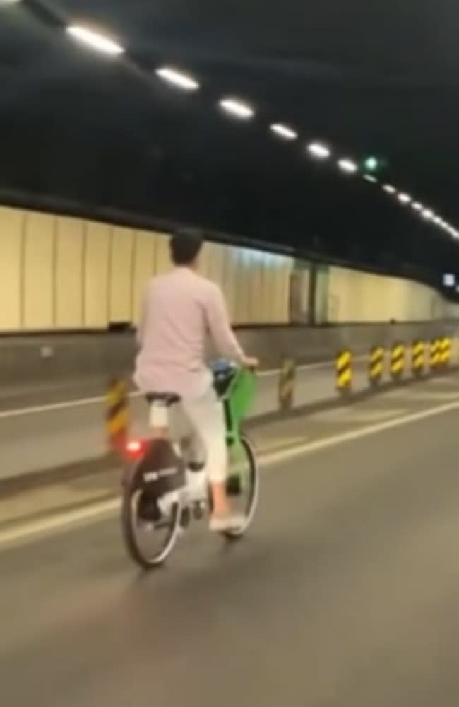 Man has been filmed crashing rented e-bike in Sydney cross-city tunnel. Picture: Tik Tok