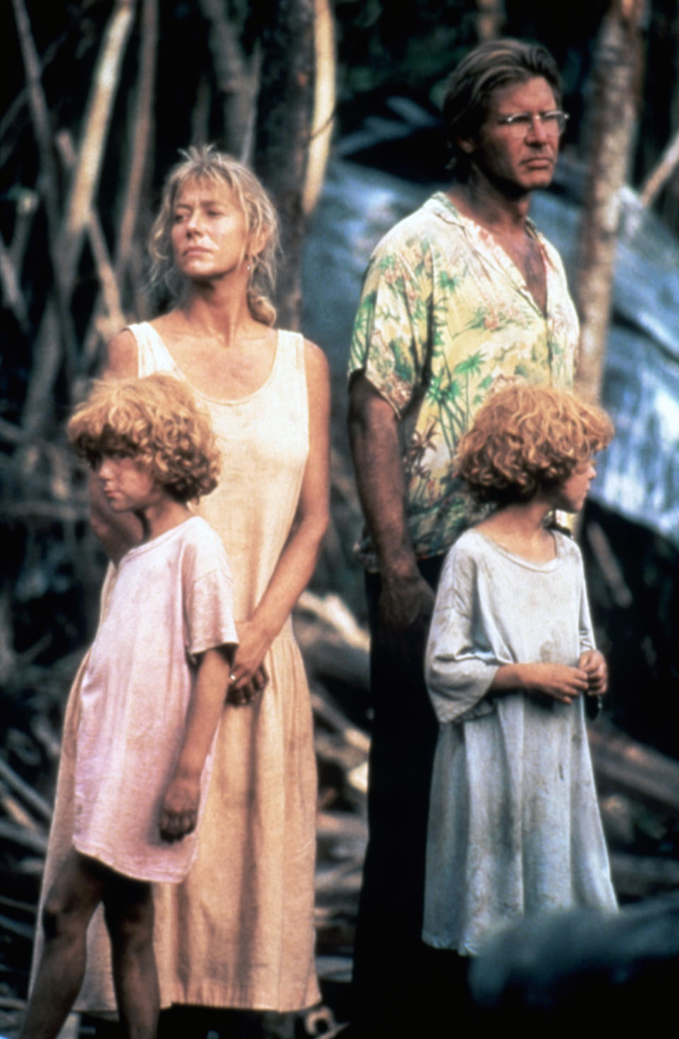 British actress Helen Mirren and American actor Harrison Ford on the set of The Mosquito Coast based on the novel by Paul Theroux and directed by Australian Peter Weir. (Photo by Sunset Boulevard/Corbis via Getty Images)