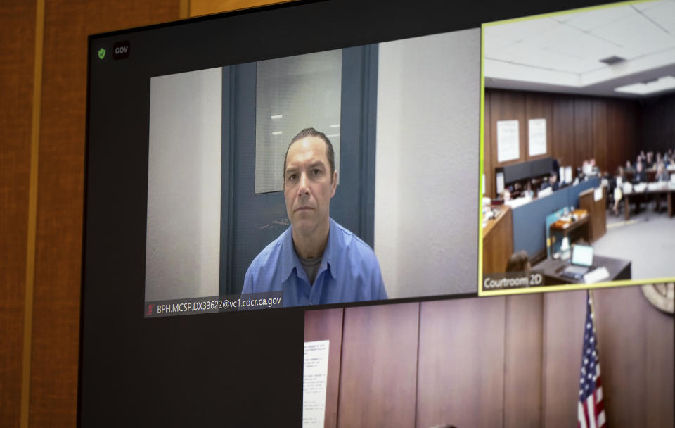 Scott Peterson appears via video call for a status hearing at San Mateo County Superior Court in Redwood City, Calif., Tuesday, March 12, 2024. (Andy Alfaro/The Modesto Bee via AP, Pool)