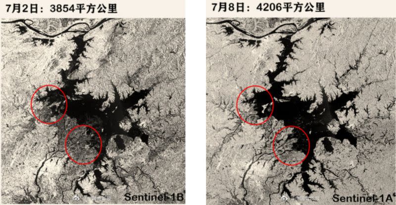 ▲衞星圖片顯示鄱陽湖水域面積變化，由於連日暴雨而有擴大趨勢。（圖／翻攝自中青報微博）