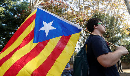 A demonstrator carries a Catalan separatist flag outside the Catalan regional parliament in Barcelona, Spain, October 27, 2017. REUTERS/Yves Herman