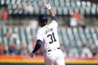 Detroit Tigers designated hitter Riley Greene rounds the bases after a solo home run during the fourth inning in the first game of a baseball doubleheader against the St. Louis Cardinals, Tuesday, April 30, 2024, in Detroit. (AP Photo/Carlos Osorio)
