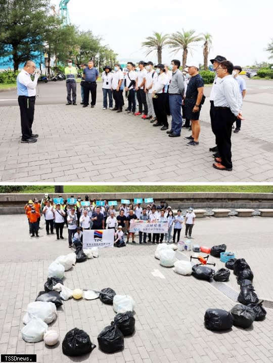 ▲「守護海洋引領啟航」淨灘活動，基隆港務分公司總經理高傳凱分享守護海洋之信念。（圖：基隆港務分公司提供）<br /><br />▼基隆港務分公司於基隆和平島地質公園辦理「守護海洋，引領啟航」淨灘活動，將回收物擺成69字樣，宣導保護海洋的理念。（圖：基隆港務分公司提供）