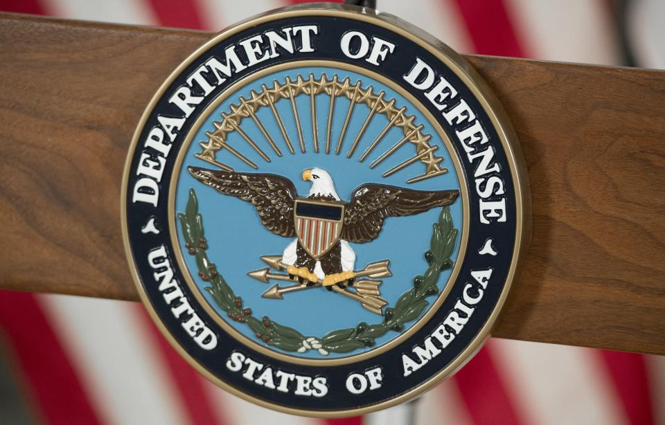 The seal of the US Department of Defense is seen at DAR Constitution Hall in Washington, D.C., on Nov. 28, 2016.