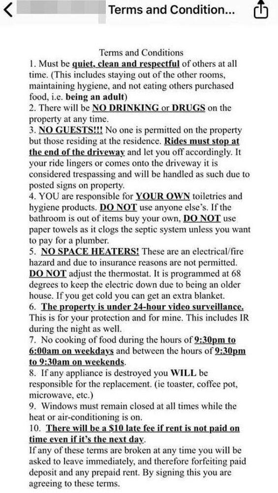 A list of landlord rules that state a renter must cook between certain times and not have any guests. Source: Facebook