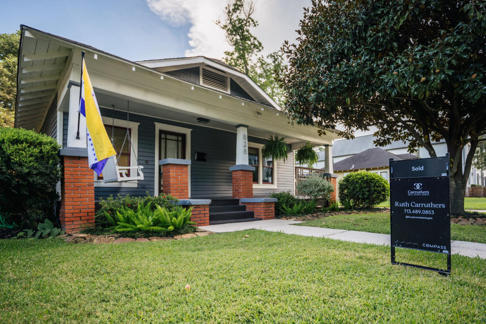 HOUSTON, TEXAS - AUGUST 12: A newly sold home is shown on August 12, 2021 in Houston, Texas. Home prices have climbed during the pandemic as low interest rates and working from home has become more abundant. Home prices around the country continue to surge in the second quarter as strong demand continues to overwhelm the supply of homes for sale. Nationwide, the median single-family existing-home sales price increased by 22.9% in the second quarter. (Photo by Brandon Bell/Getty Images)