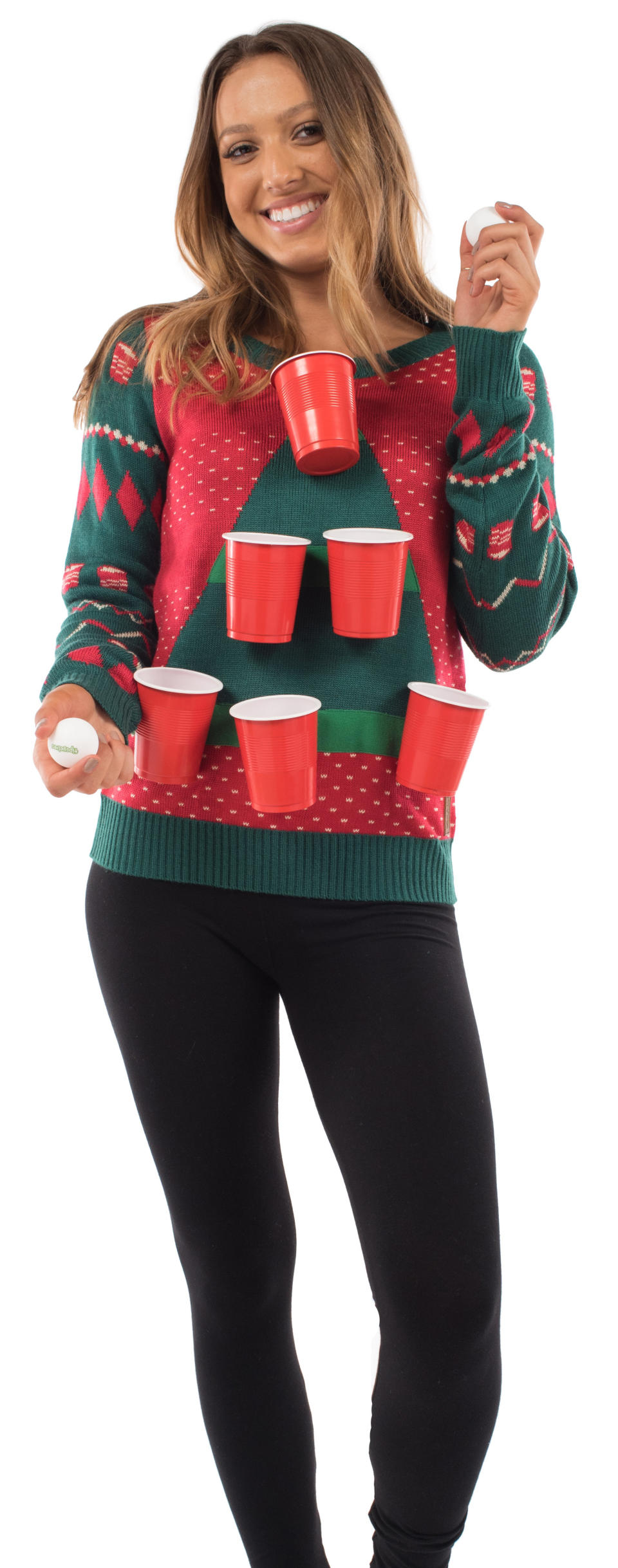 Wear this sweater and you won't go to a party, the party will come to you. Have to be honest: Having people <a href="https://www.tipsyelves.com/womens-beer-pong-christmas-sweater" target="_blank">chuck pingpong balls at you</a> is going to get old real quick.