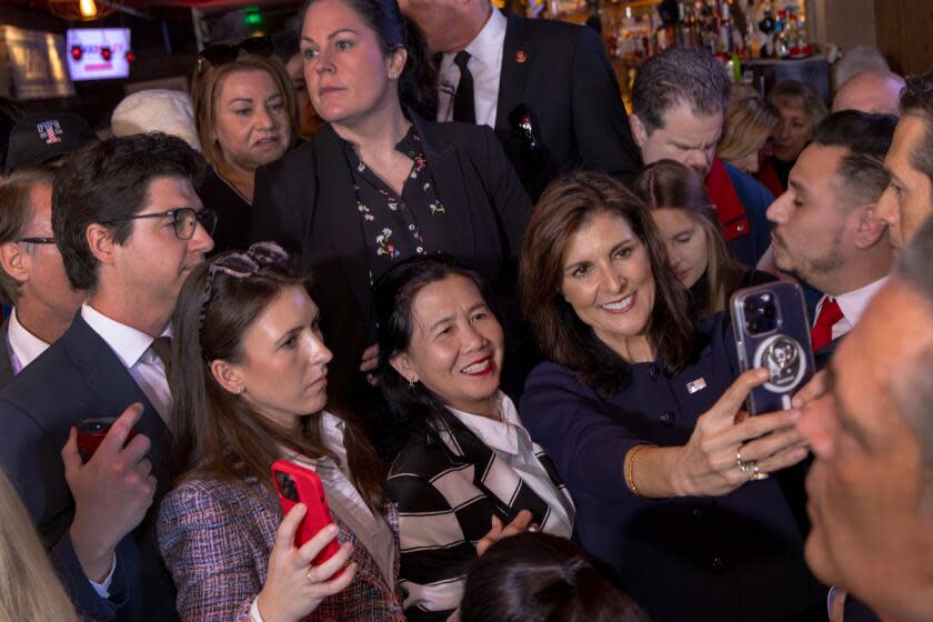 COSTA MESA, CA - FEBRUARY 07: Republican presidential candidate Nikki Haley on her campaign tour of Southern California makes her first stop at Wild Goose Tavern, Costa Mesa, CA. (Irfan Khan / Los Angeles Times)