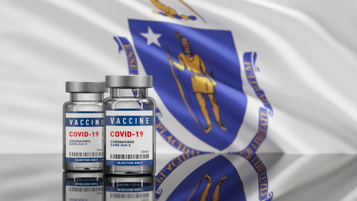 US Massachusetts state flag background and Vaccine bottle for Covid-19 Coronavirus. Concept vaccine bottle vial. Copy space for your text. 3D rendering.