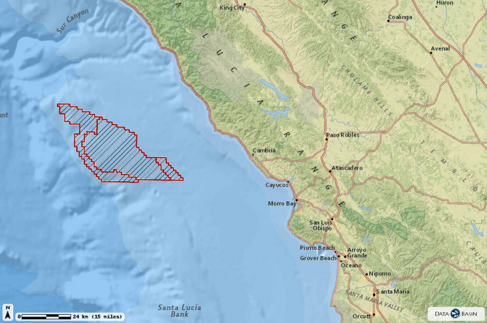 The area outlined in red shows the 399-square-mile Morro Bay call area in which floating wind turbines could be built.