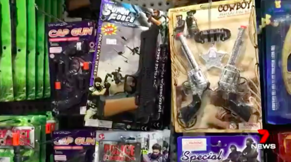 The guns were replicas, the type found in toy stores. Source: 7News